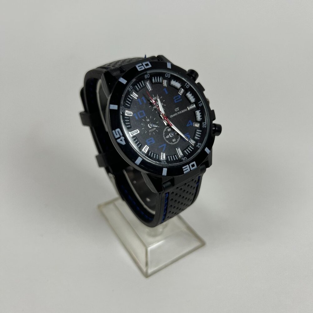 GT Grand Touring Watch Black with Blue Details, Adjustable Buckle Band NEW